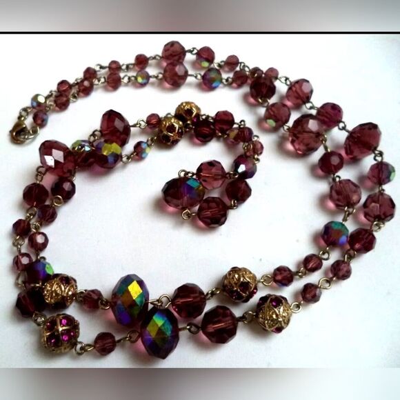 VINTAGE AB GLASS AMETHYST BEADED 37" NECKLACE - Picture 1 of 1